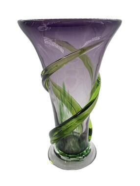 Beautiful Hand Blown Art Glass 9" Vase Purple Green Applied Spiral Studio Glass